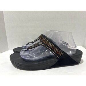 FitFlop Women Size 11 Black Strobe Luxe Toe Thong Sandals Multi Rhinestones